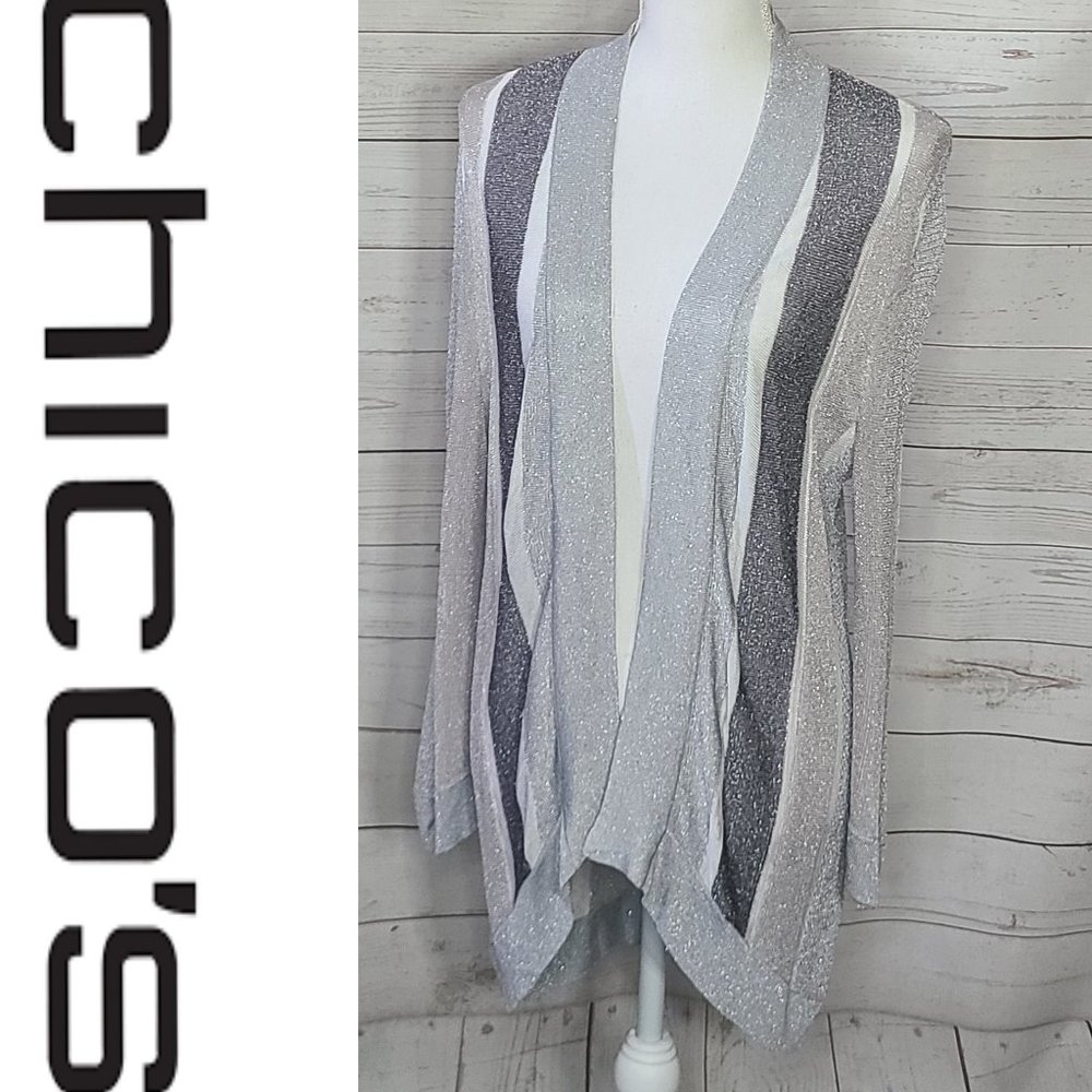 Chico's Silver Gray White Open-Front Sparkle Cardigan